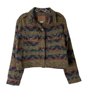 BBJ blue brown red Aztec tribal cropped pocket shacket top medium